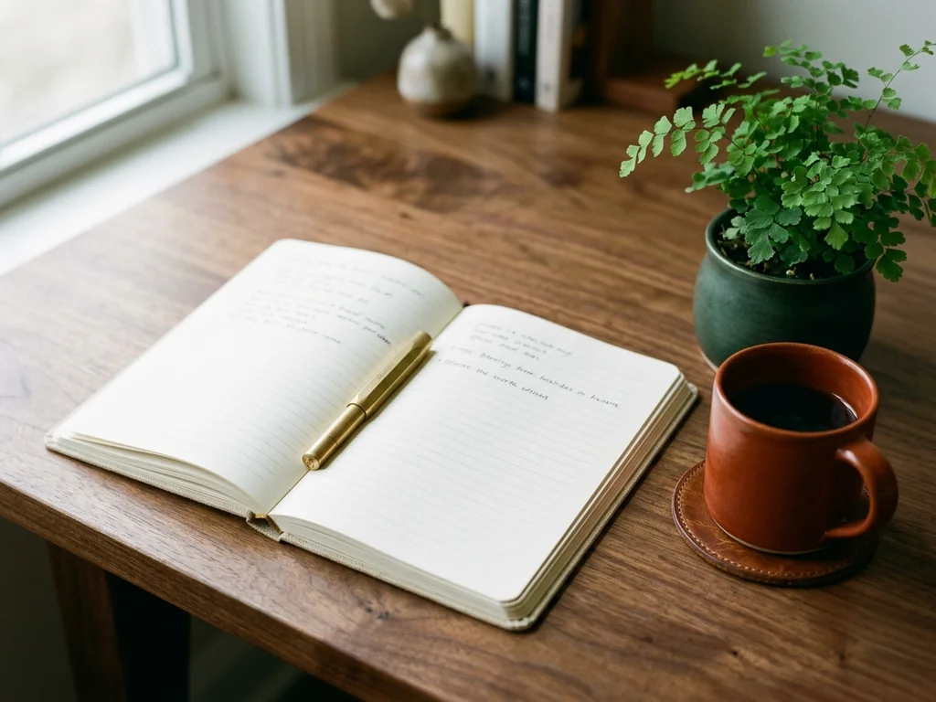 Bureau de rédaction avec carnet et café, prêt pour vos demandes de contact.