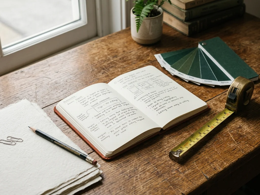 Carnet terracotta, mètre en laiton et nuancier vert illustrant le processus de sélection créative.