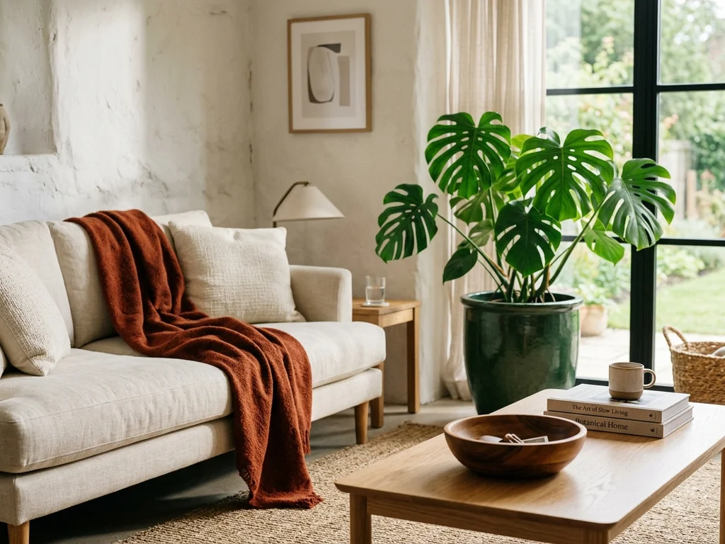 Salon moderne et lumineux mariant bois clair, plantes et textiles naturels pour une ambiance sereine.